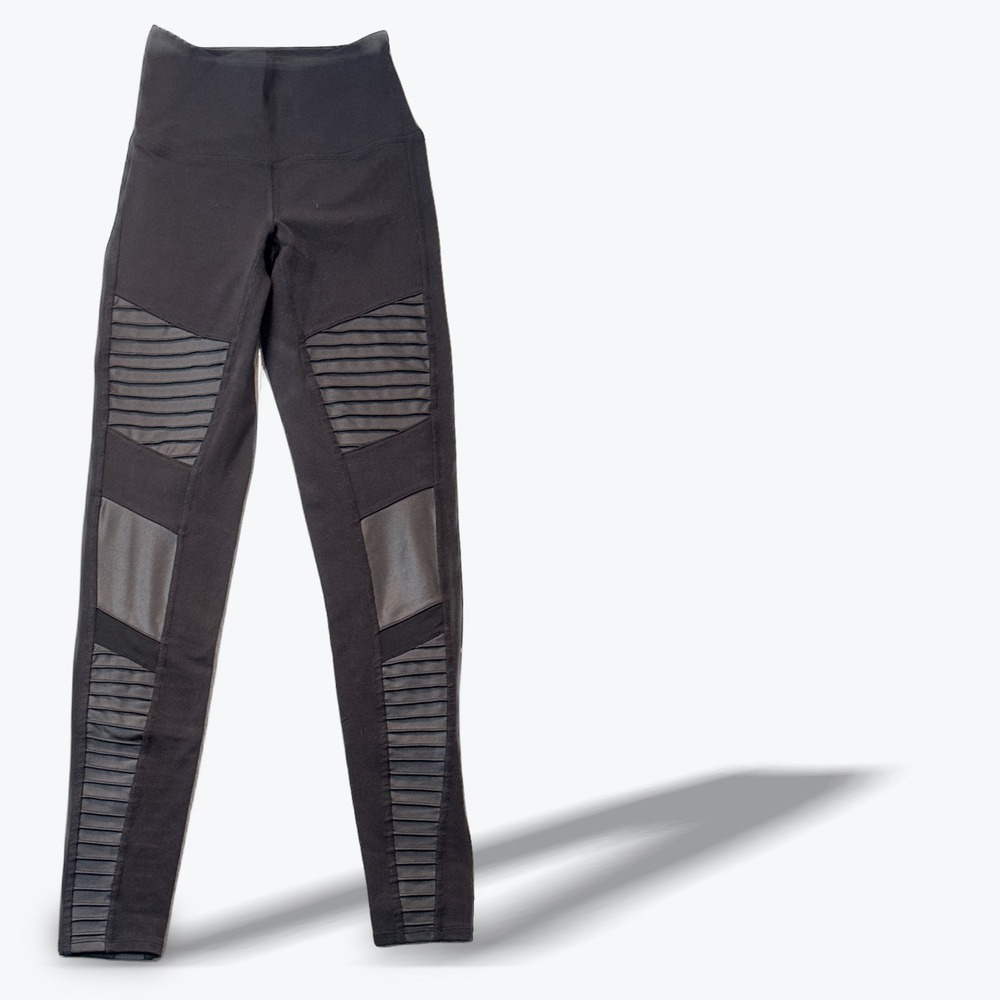 Alo Yoga Moto Leggings Black High Waisted Ribbed Panel Athletic Pants Womens XS